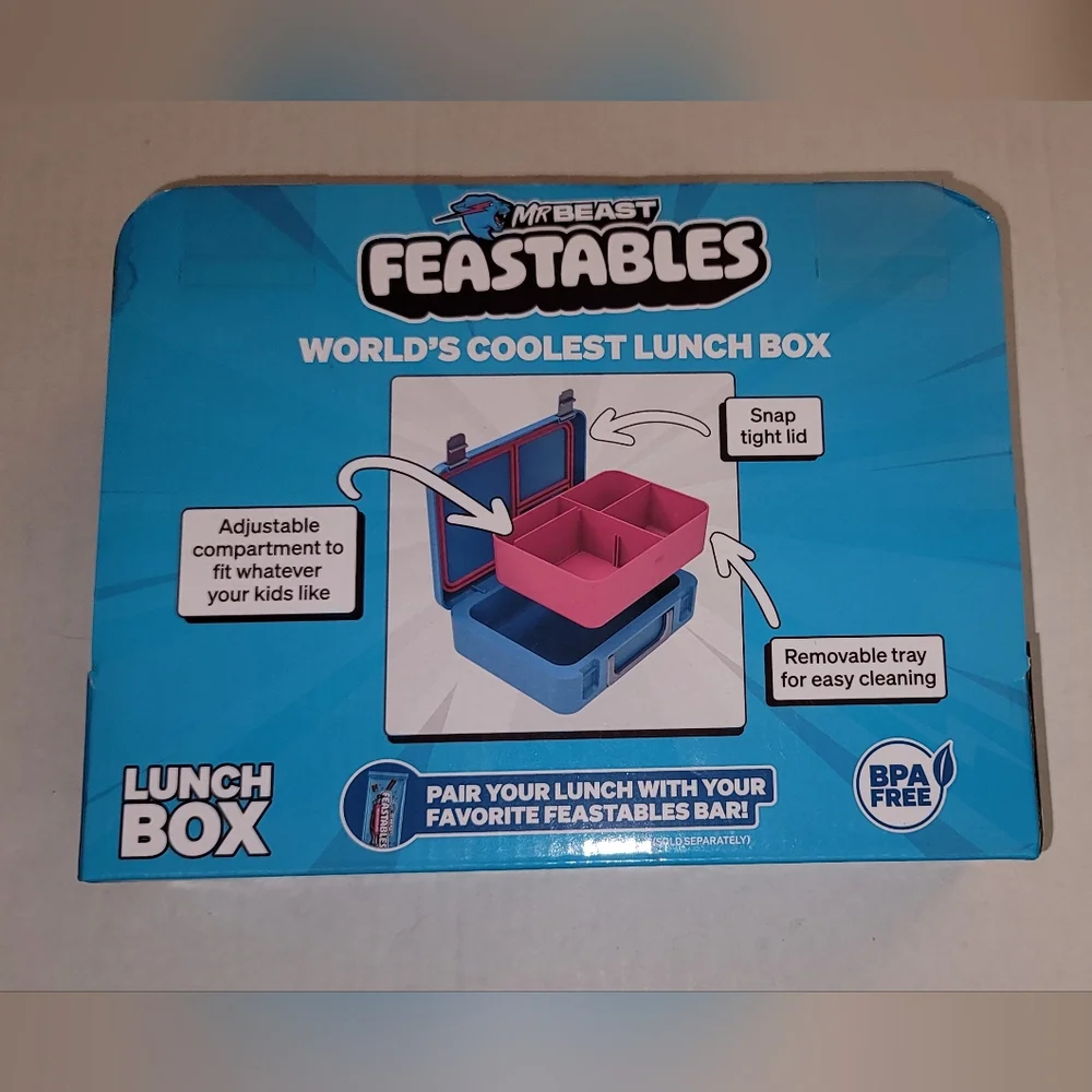 Mr Beast Feastables Blue Pink Lunchbox Snap Tight Removable Tray Bento Box Style